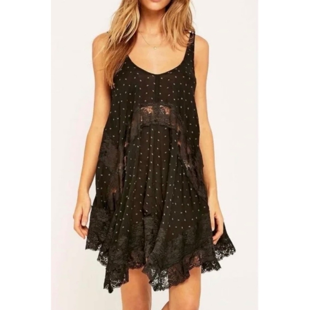 Intimately Free People She Swings Black Lace Trim Dress Bohemian Festival